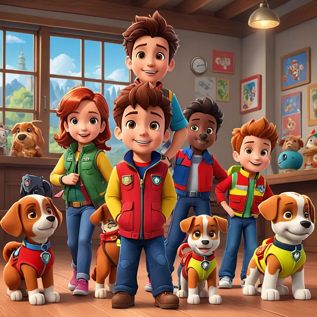 a group of people standing next to each other in a room with dogs and a cat on the floor, sots art, a poster, Charles Fremont Conner, promotional image
