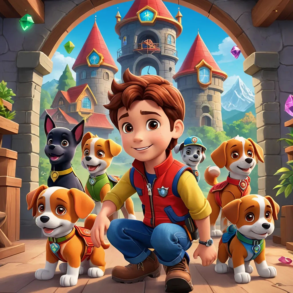 a boy kneeling down with a bunch of dogs in front of him and a castle in the background with a dog on the ground, sots art, poster art, Charles Fremont Conner, key art