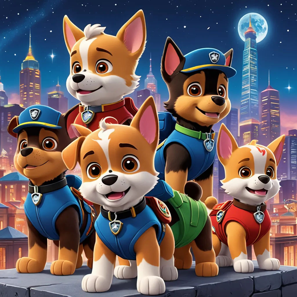 a group of dogs standing on top of a cement wall in front of a city skyline at night with a full moon, dau-al-set, a poster, Charles Fremont Conner, key art
