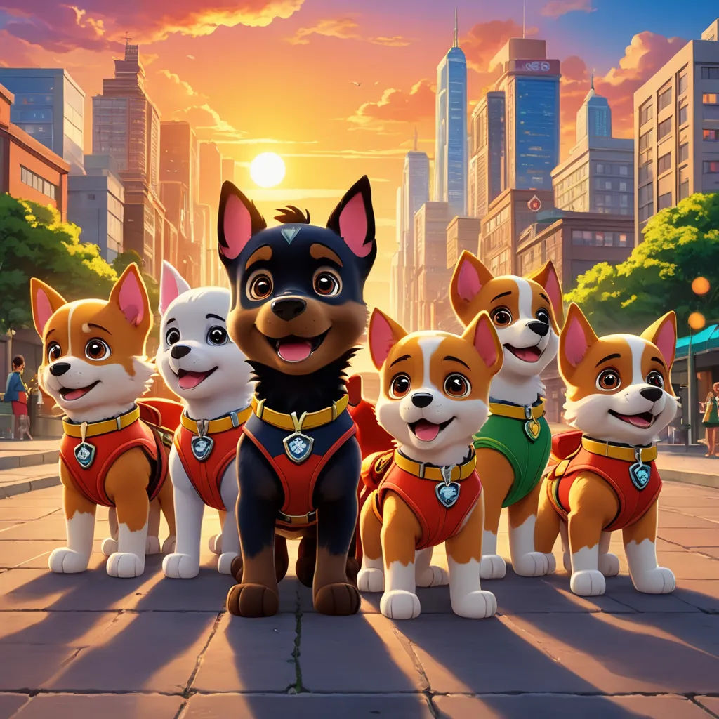 a group of dogs standing next to each other on a street in front of a city skyline with buildings, cubo-futurism, poster art, disney, promotional image