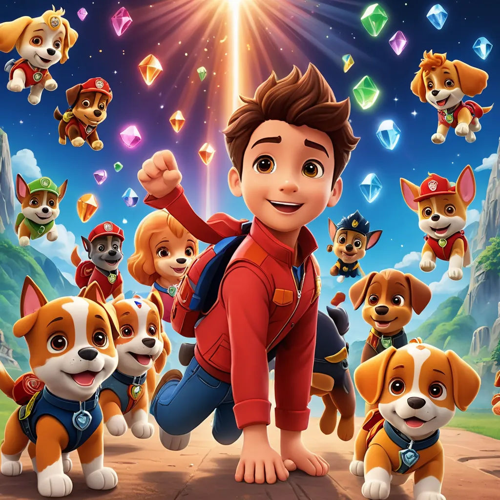 a boy is surrounded by puppies in a cartoon style poster for paw patrol, which features a dog and a man with a red shirt, furry art, poster art, Avgust Černigoj, promotional image
