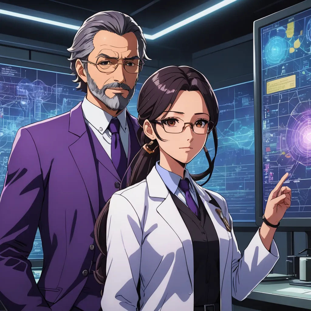a man and a woman in a lab coat standing in front of a computer screen with a futuristic background, sots art, concept art, Eizan Kikukawa, official art