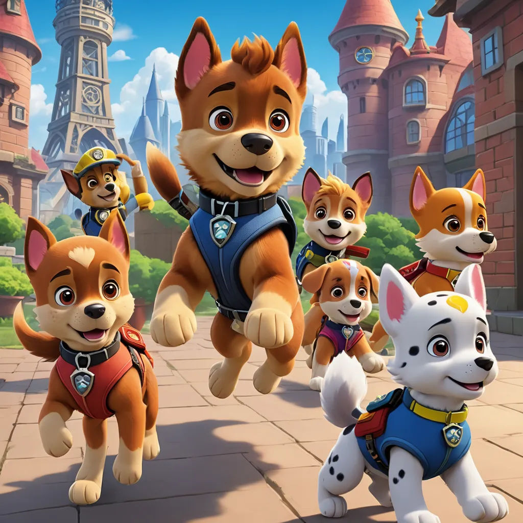 a group of dogs are in a cartoon scene with a castle in the background and a dog in the foreground, furry art, concept art, disney, promotional image