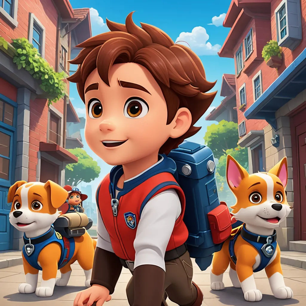 a boy with a backpack and two dogs in front of him on a city street with buildings and a dog, sots art, concept art, Altoon Sultan, key art