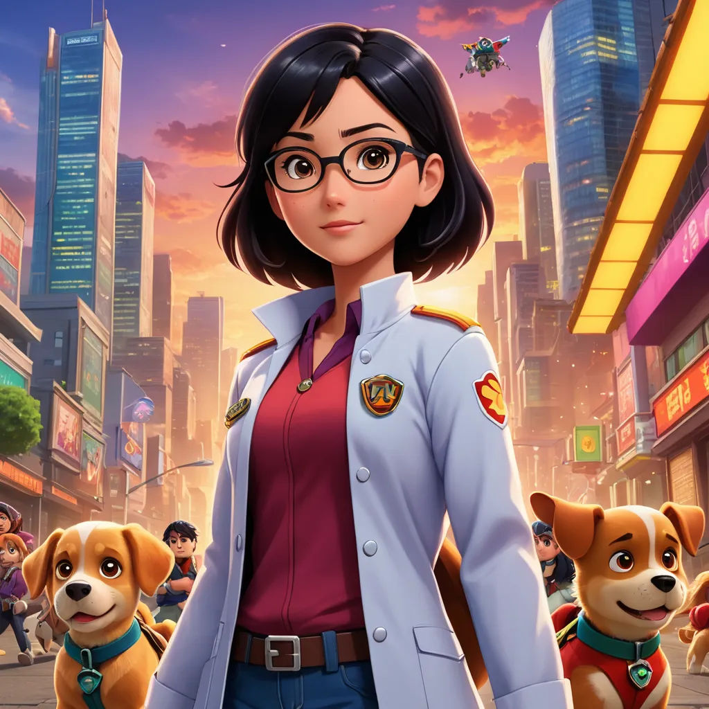 a woman in a blue coat and glasses standing next to a dog in a city street with a dog on her lap, sots art, a character portrait, Du Qiong, key art