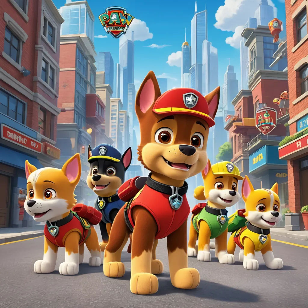 a group of dogs in a cartoon style with a city background and a sky background with buildings and a sky line, cubo-futurism, concept art, Felix-Kelly, promotional image