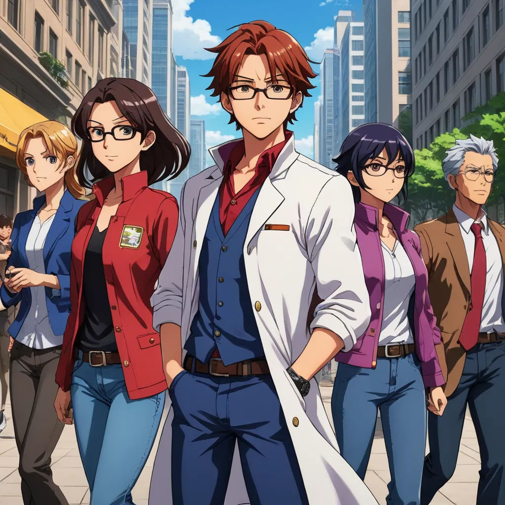 a group of people standing in a city street with buildings in the background and a man in a red shirt and tie, rayonism, an album cover, Ai-Mitsu, official art