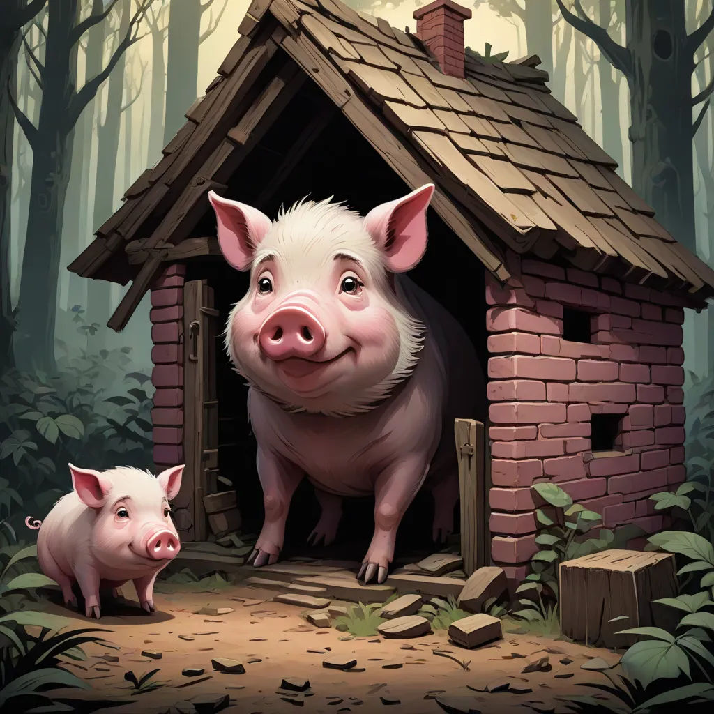 a pig and a pig pig in a small house in the woods with a pig looking at the camera, sots art, a storybook illustration, Brom, storybook illustration