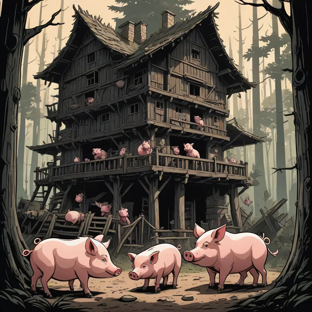 three pigs are standing in front of a house in the woods with pigs on the porch and in the tree, fantasy art, a storybook illustration, Dan Mumford, storybook illustration