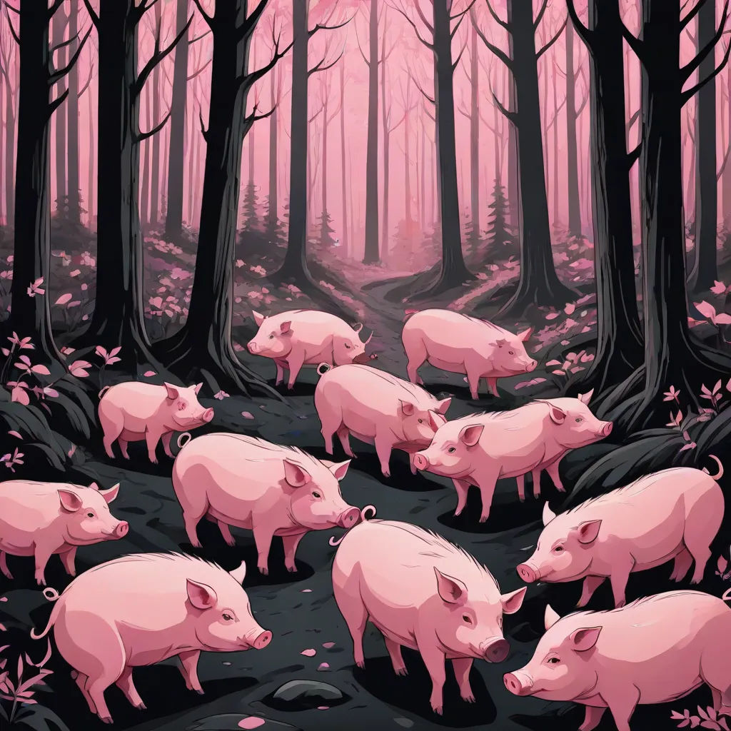 a group of pigs walking through a forest filled with trees and leaves, with pink hues on the tops of the pigs, precisionism, a storybook illustration, Dan Mumford, josan gonzales and dan mumford