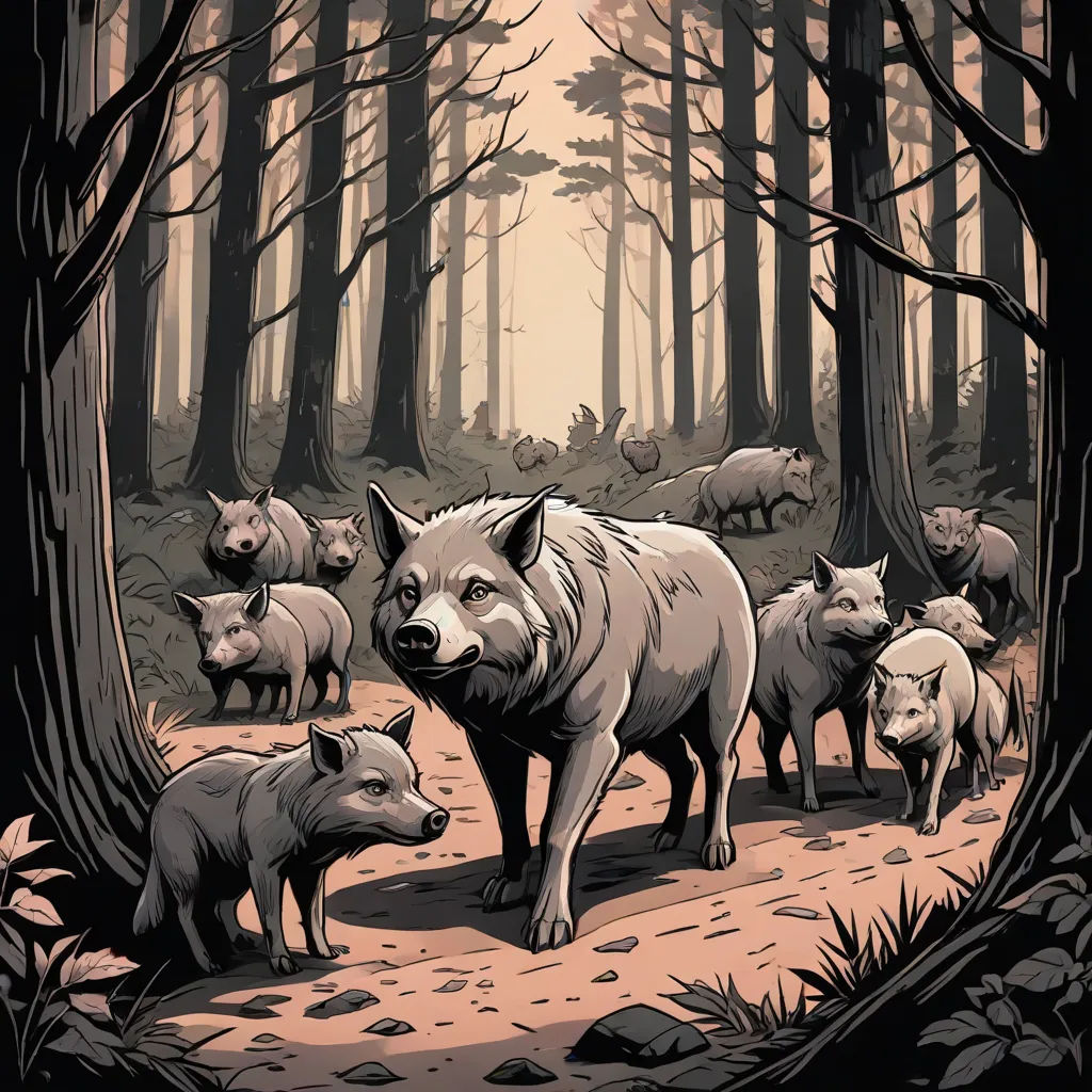a group of wild animals walking through a forest filled with trees and rocks, with a pig in the foreground, sots art, an album cover, Dan Mumford, comic cover art
