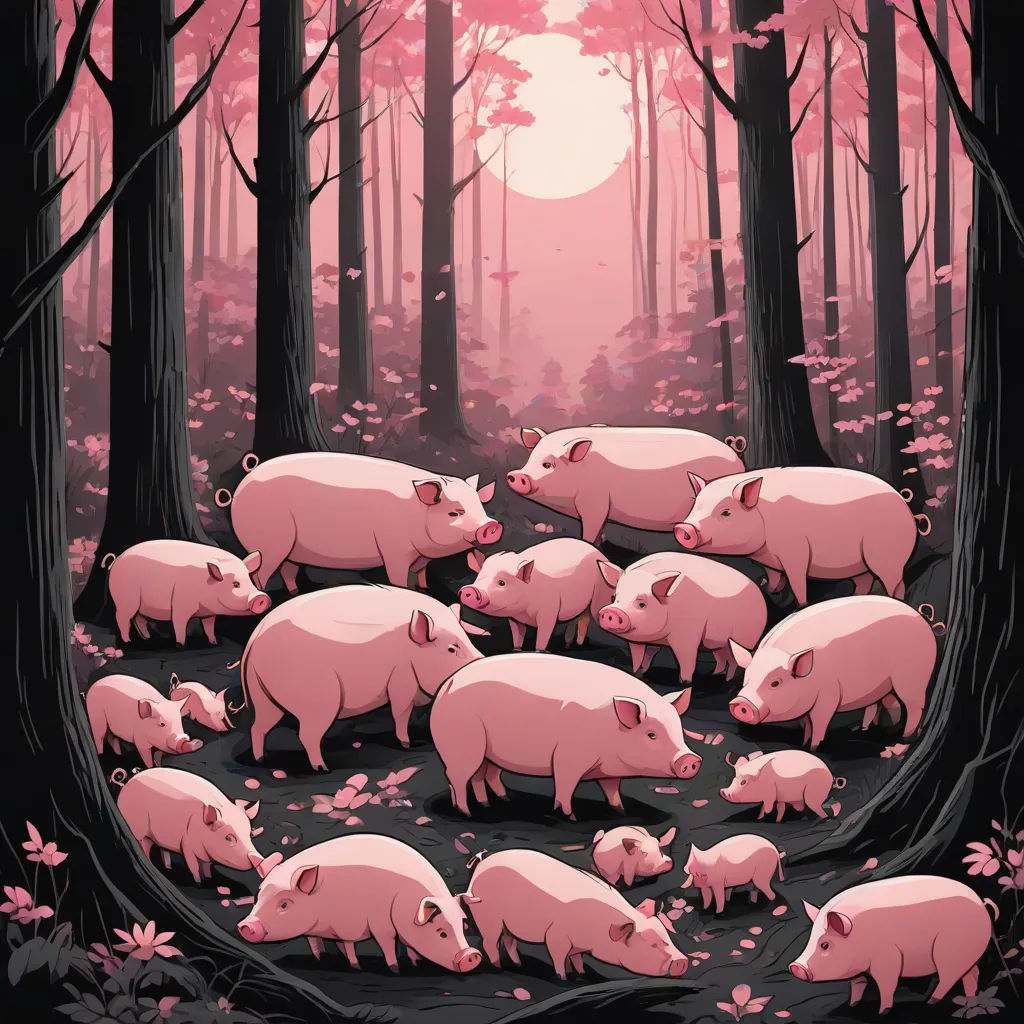 a group of pigs in a forest with pink trees and flowers in the background, with a pink sun in the background, fantasy art, a storybook illustration, Dan Mumford, josan gonzales and dan mumford