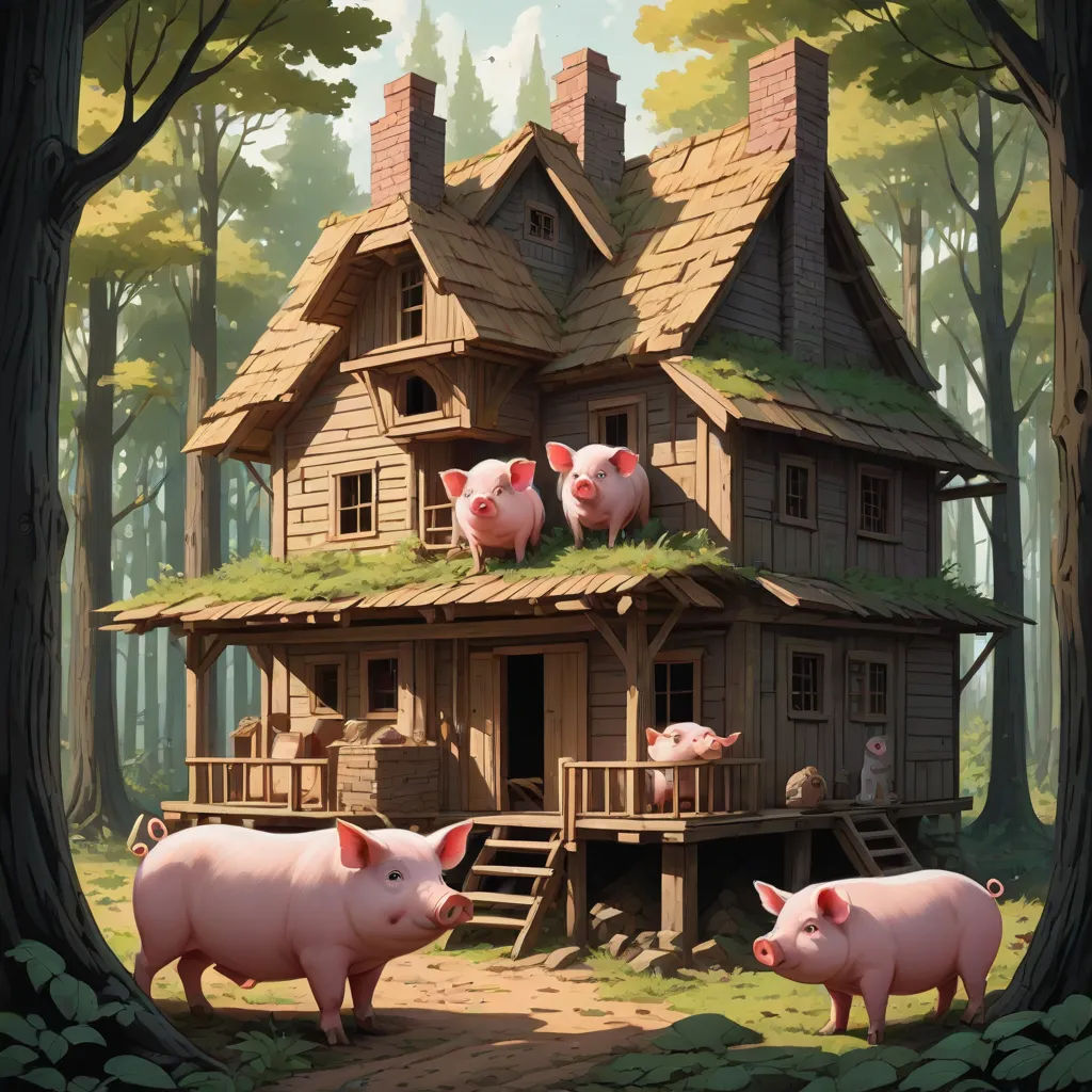 a painting of pigs standing outside a house in the woods with a green roof and a green roof top, magical realism, a storybook illustration, David Martin, storybook illustration