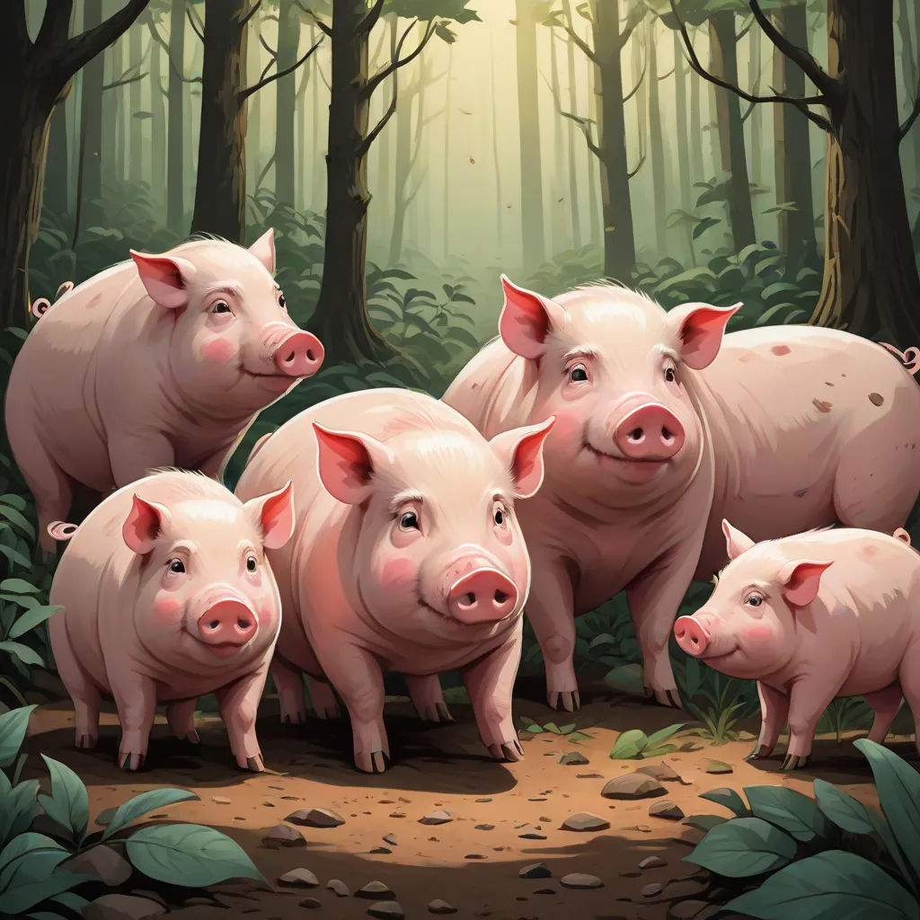 a group of pigs standing in a forest with trees and rocks on the ground and a sun shining through the trees, sots art, a storybook illustration, Dan Mumford, official art