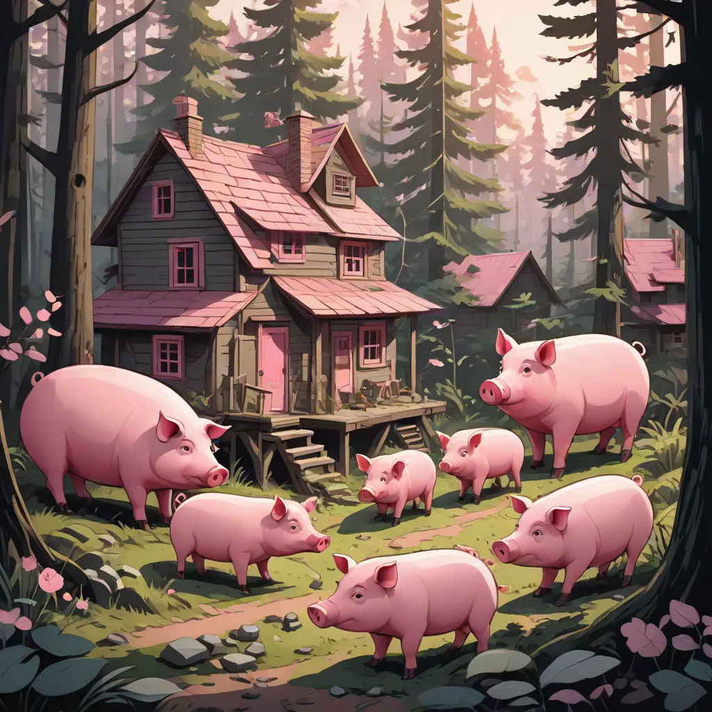 a painting of pigs in a forest with a house in the background and a group of pigs in the foreground, fantasy art, a storybook illustration, Dan Mumford, josan gonzales and dan mumford