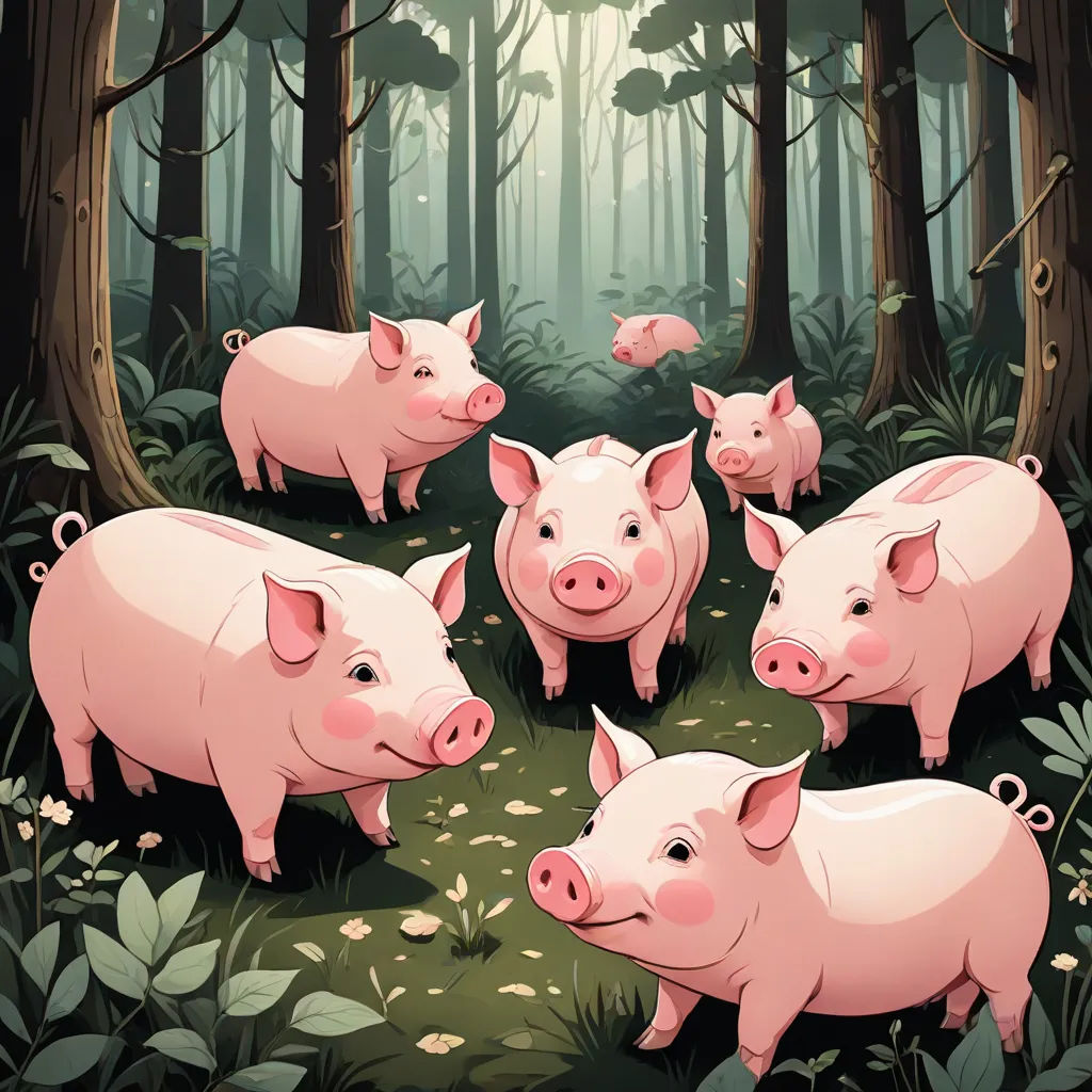 a group of pigs standing in a forest with trees and leaves around them, all looking at the camera, incoherents, a storybook illustration, Dan Mumford, storybook illustration