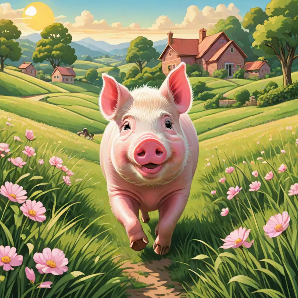 a pig running through a field of flowers with a house in the background and a dog running behind it, sots art, a storybook illustration, David Young Cameron, official art