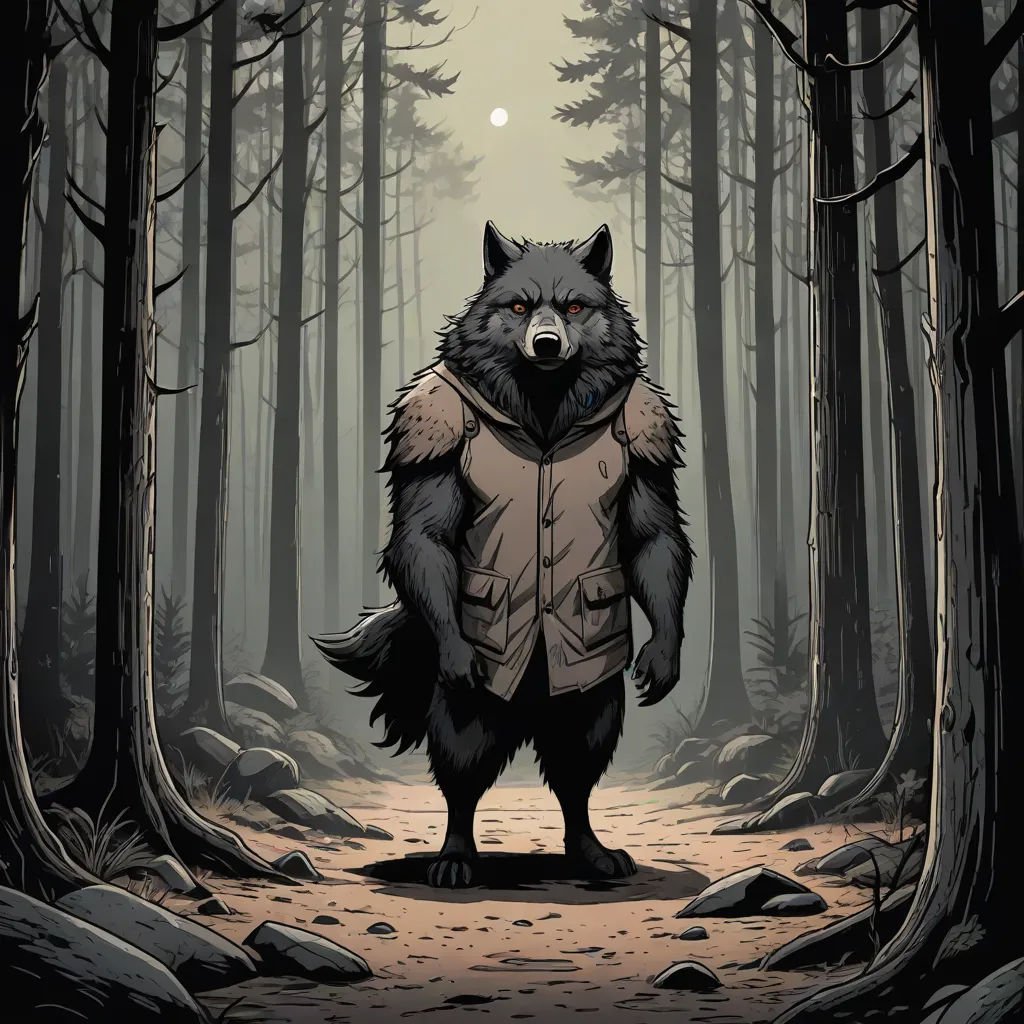 a wolf in a jacket standing in a forest with a full moon in the background and trees around it, furry art, a character portrait, Dan Mumford, comic cover art