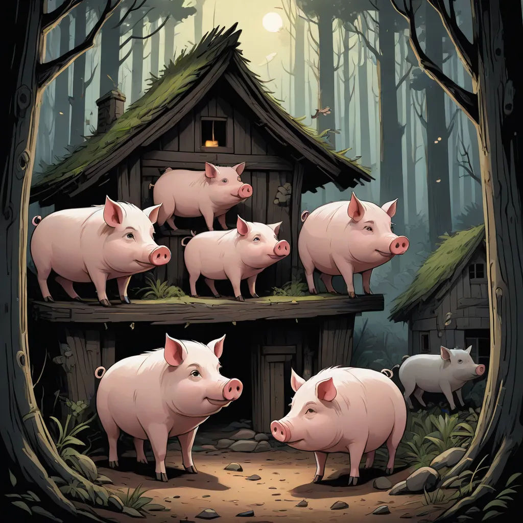 a group of pigs standing in front of a house in the woods with a pig in the middle of the picture, precisionism, a storybook illustration, Dan Mumford, 2 d game art