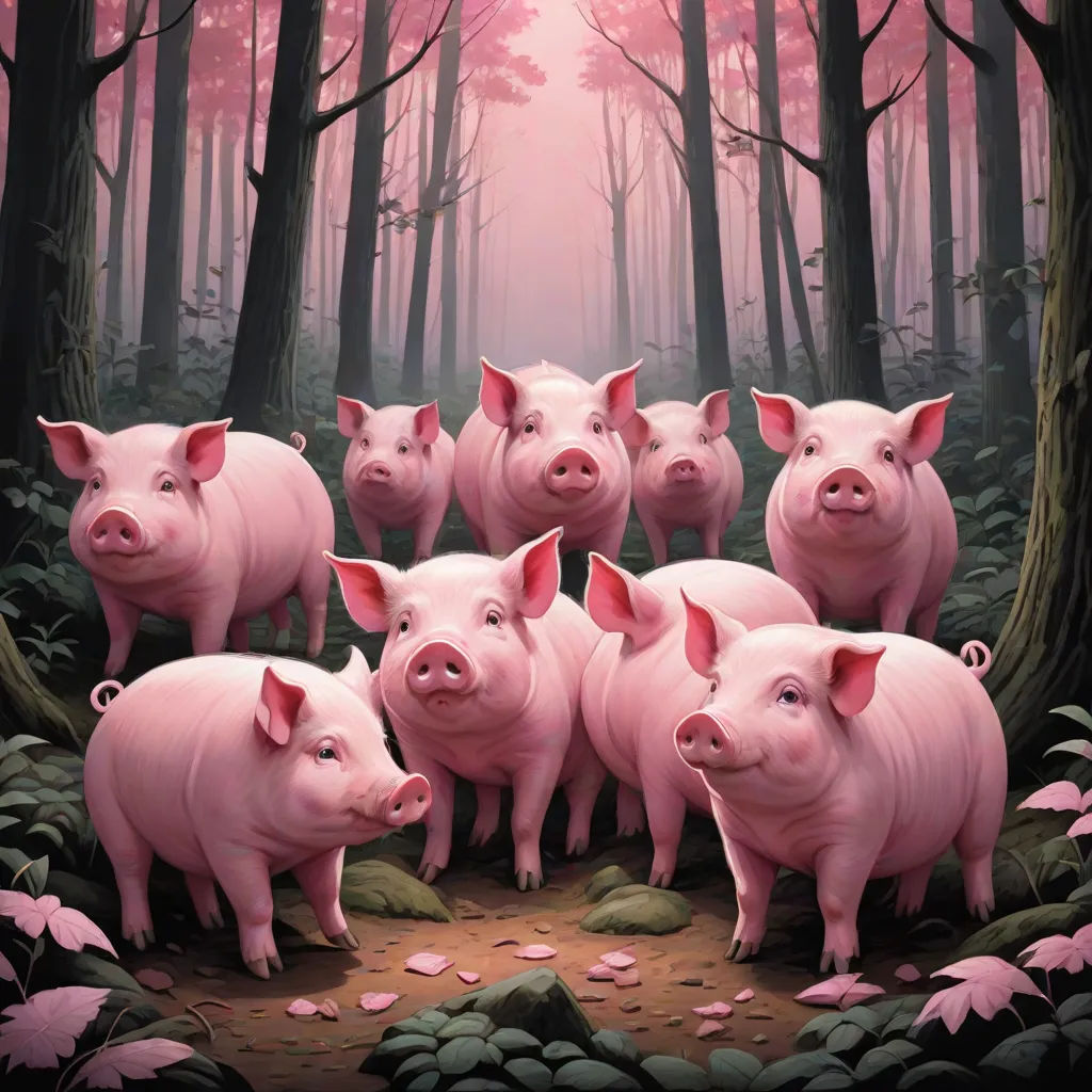 a group of pigs standing in a forest with pink leaves on the ground and trees in the background, with a pink sky, precisionism, a storybook illustration, Dan Mumford, official art