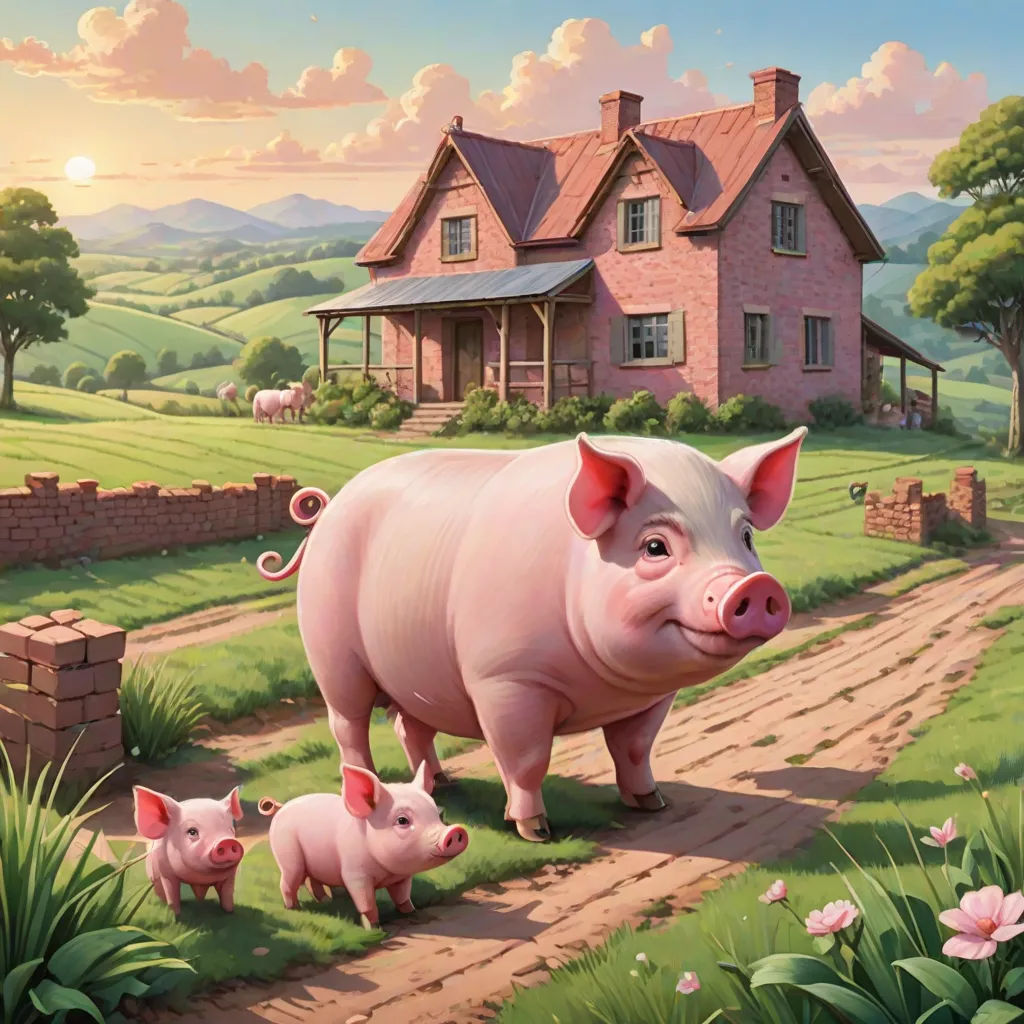 a pig and two pigs are walking in a field near a house and a pig pig is standing on a path, american scene painting, a storybook illustration, Chris LaBrooy, official art