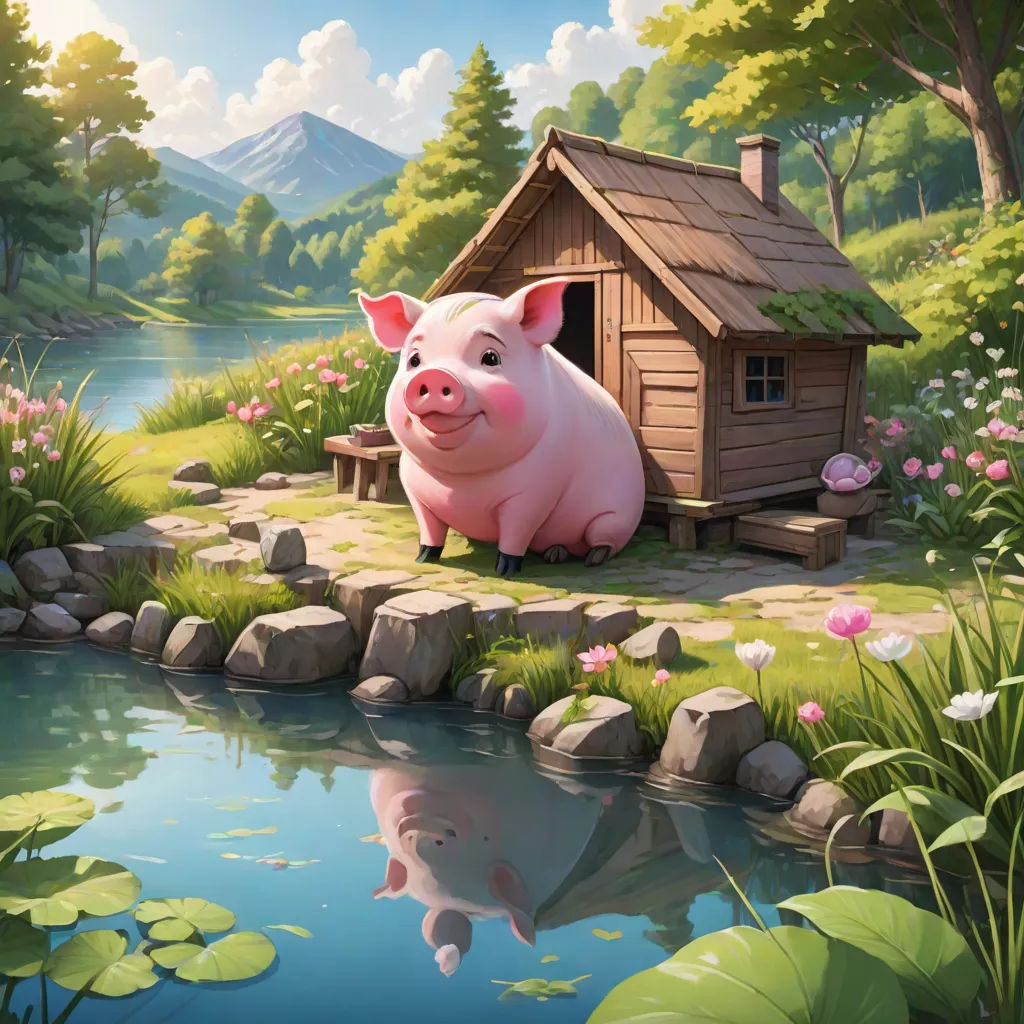 a pig sitting on a rock next to a pond and a house with a pond house in the background, fantasy art, a storybook illustration, Chris LaBrooy, storybook illustration