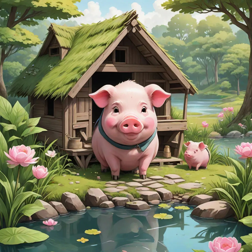 a pig and her pig friend are in a pond by a house with a thatched roof and a pond, fantasy art, a storybook illustration, Chris LaBrooy, storybook illustration