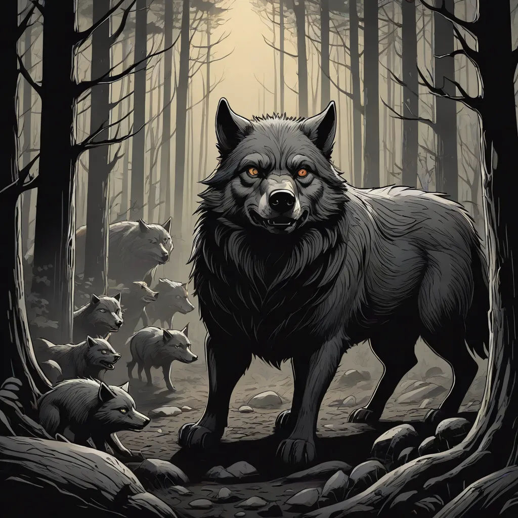a wolf standing in the middle of a forest with other animals in the background and a full moon in the sky, furry art, poster art, Dan Mumford, comic cover art