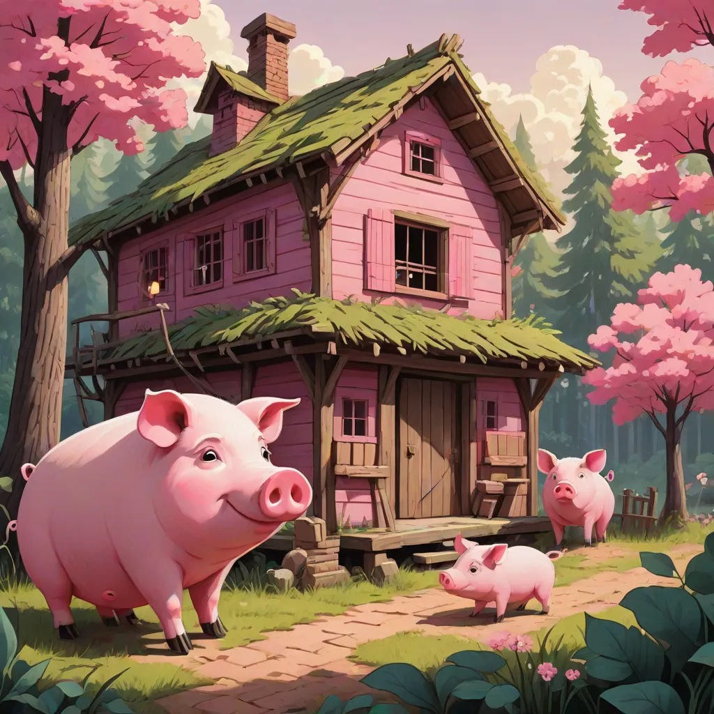 a pig and her two babies in front of a pink house with a green roof and a pink tree, fantasy art, a storybook illustration, Chris LaBrooy, storybook illustration