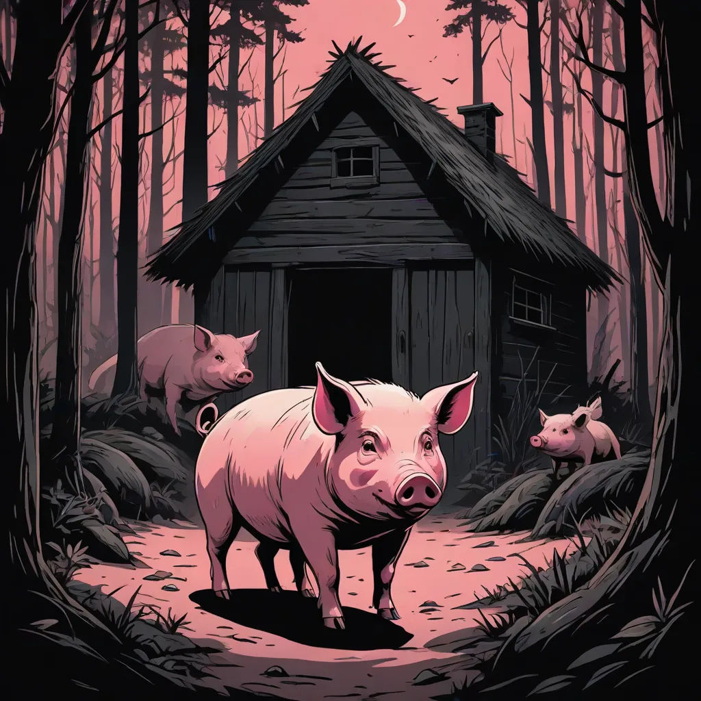 a pig and two pigs in front of a cabin in the woods with a pink sky and moon in the background, sots art, poster art, Dan Mumford, josan gonzales and dan mumford