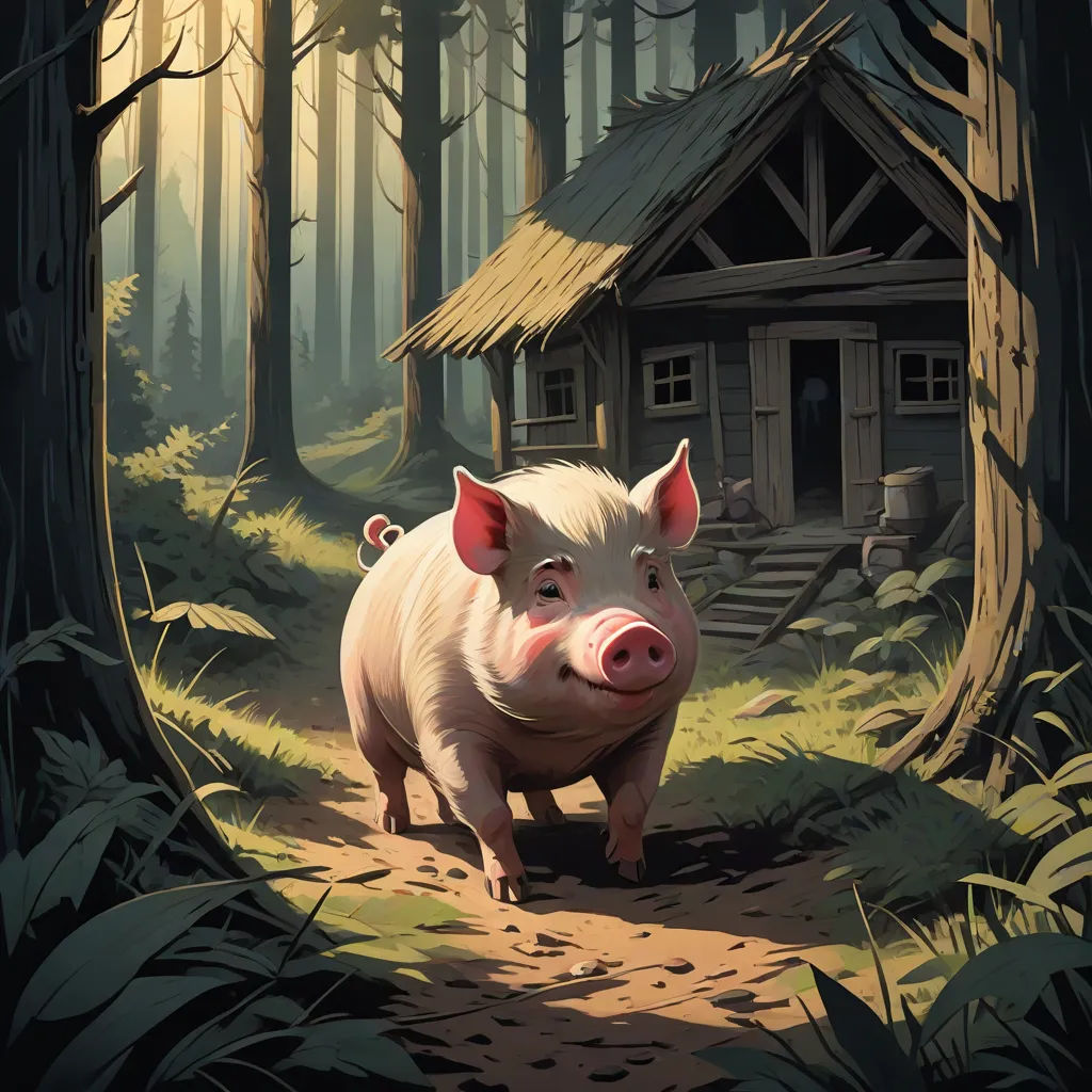 a pig is walking through a forest with a cabin in the background and a house in the background with a door open, fantasy art, a storybook illustration, Dan Mumford, storybook illustration