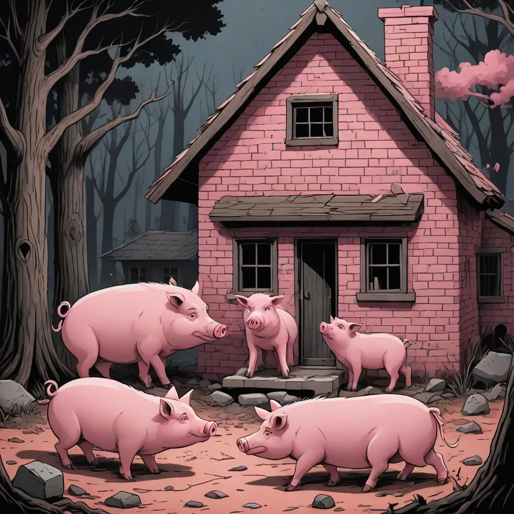 a group of pigs standing in front of a pink house with a pink roof and three pigs standing in front of a pink house, pop surrealism, a storybook illustration, Dan Mumford, josan gonzales and dan mumford