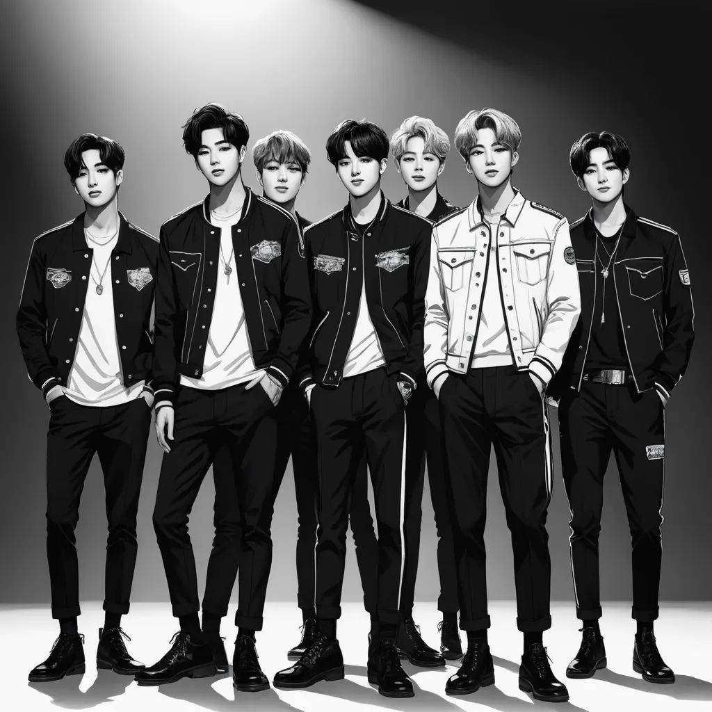 a group of young men standing next to each other in front of a spotlight light on a wall with a spotlight, sots art, a detailed drawing, Anne Said, anime visual