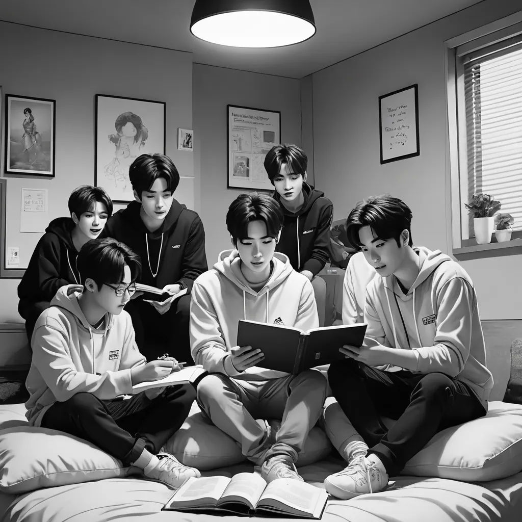 a group of boys sitting on a bed reading books together in a room with pictures on the wall and a lamp, academic art, a photocopy, Anne Said, powerful