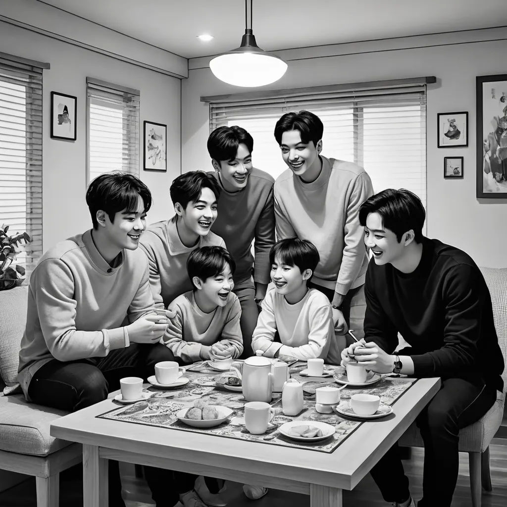 a group of people sitting around a table eating food together and smiling at the camera man is taking a picture, aestheticism, a photocopy, Byeon Sang-byeok, promotional image