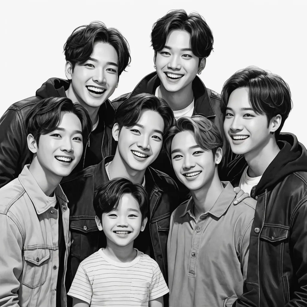 a black and white photo of a group of people smiling at the camera with one man standing in front of the group, rayonism, a photocopy, David Park, sakimichan