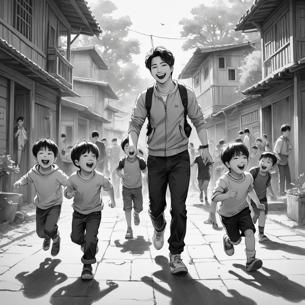 a man is walking with a group of children in a village with houses and buildings in the background and a woman is smiling, magical realism, a storybook illustration, Eiichiro Oda, yusuke murata