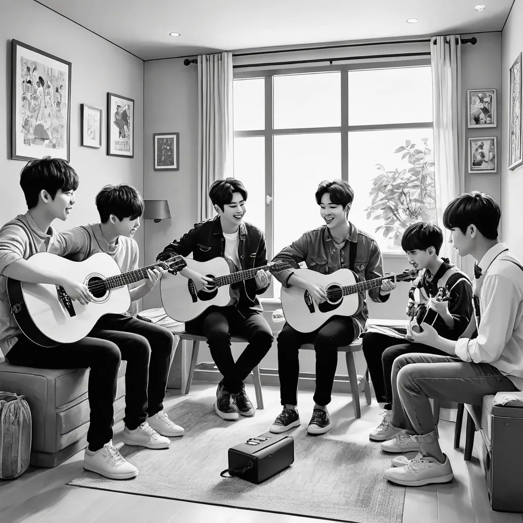 a group of young men sitting around each other playing guitars and singing into a microphone and a guitar case, dau-al-set, a black and white photo, Fan Kuan, promotional image