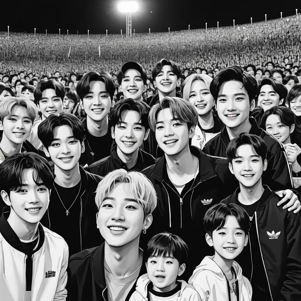 a group of people standing next to each other in front of a crowd of people at a stadium at night, hyperrealism, a photocopy, Anne Said, zoomed out