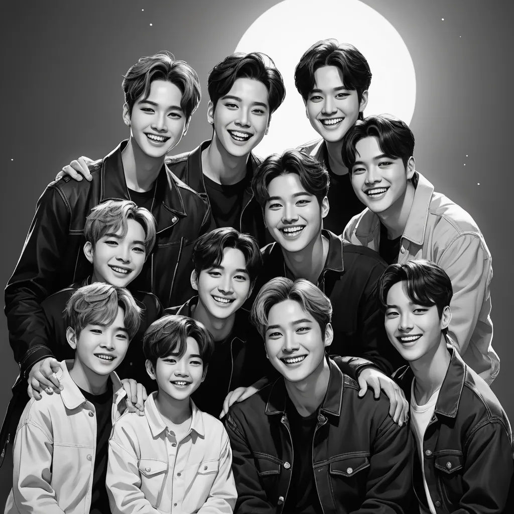 a group of young men standing next to each other in front of a full moon with a black and white background, rayonism, a photocopy, Chen Lu, perfect anatomy