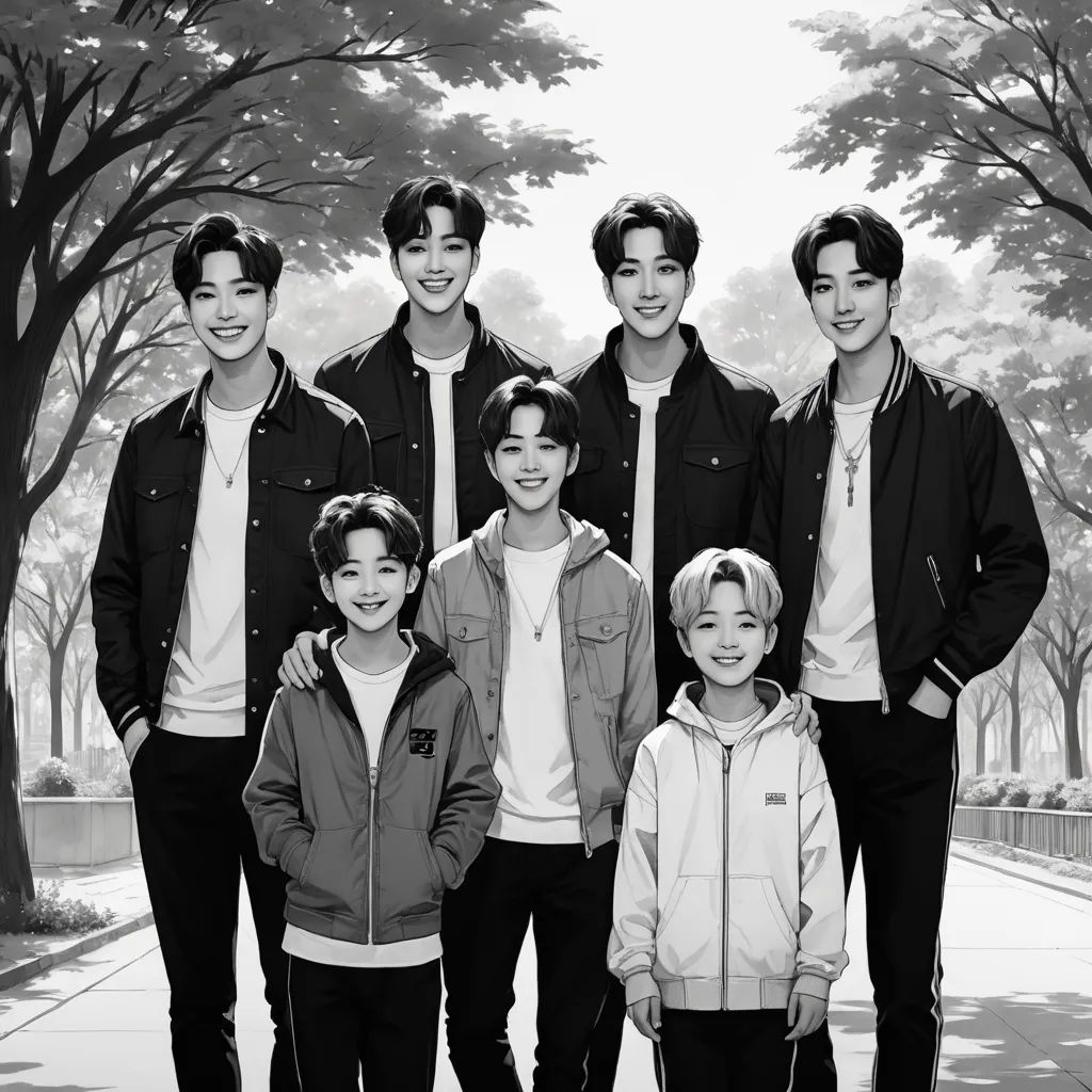 a group of young men standing next to each other on a sidewalk in front of trees and a sidewalk, aestheticism, a photocopy, Du Jin, official art