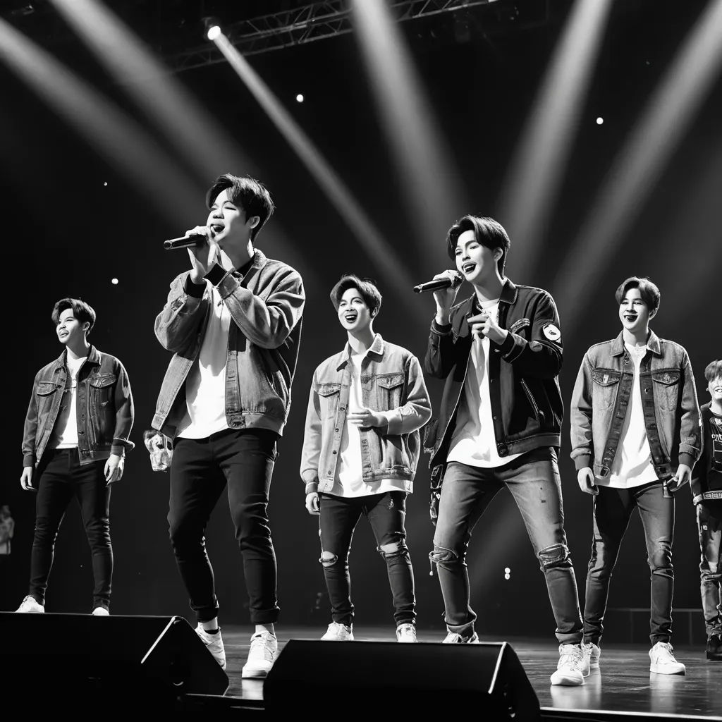a group of young men standing on top of a stage with microphones in their hands and lights on, rayonism, a photocopy, Anne Said, handsome