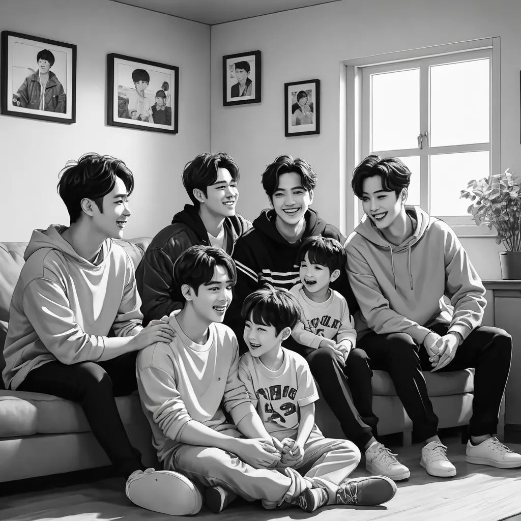 a group of people sitting on a couch in a room with pictures on the wall and a window behind them, hyperrealism, a photocopy, Cui Bai, official art
