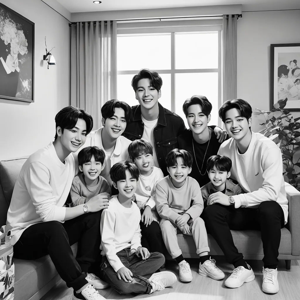 a group of people sitting on a couch in a room with a window and a plant in the corner, dau-al-set, a photocopy, Cui Bai, black and white