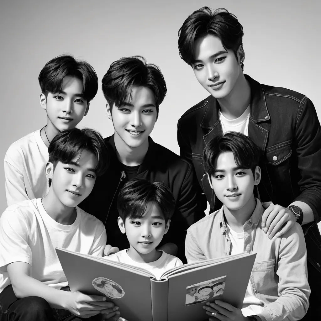 a group of young men sitting next to each other holding a book together in front of a white background, rayonism, a photocopy, Fan Kuan, young