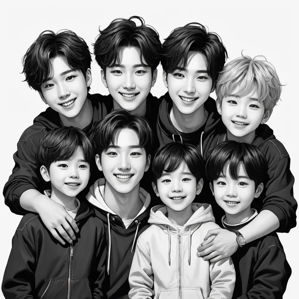 a group of asian boys in black and white pose for a picture together, with their arms around each other, hyperrealism, a photocopy, Chen Lu, ultra realistic illustration