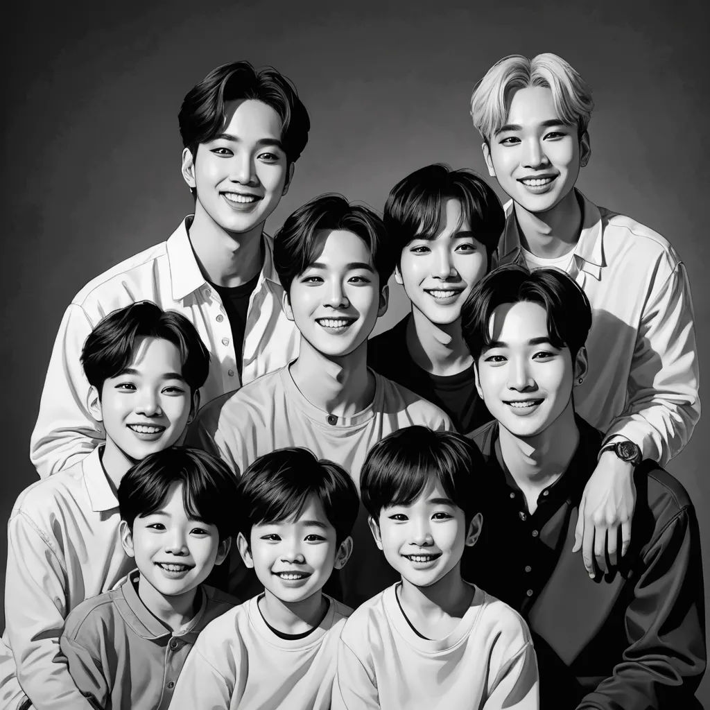 a black and white photo of a family of nine people, one of them is smiling at the camera, hyperrealism, a photocopy, Anne Said, golden ratio