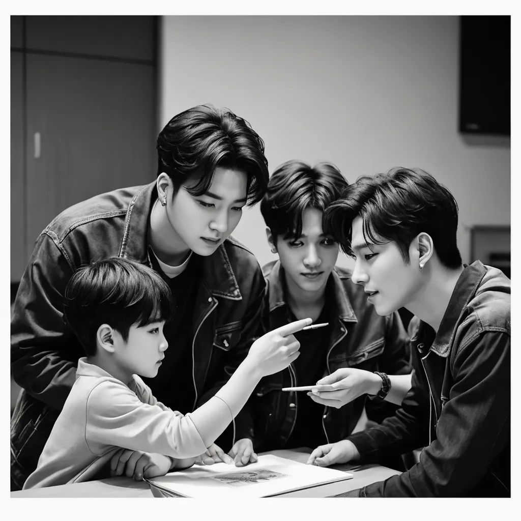 a group of young men sitting around a table with a young boy pointing at something on a paper in front of them, art & language, a photocopy, Anne Said, movie still