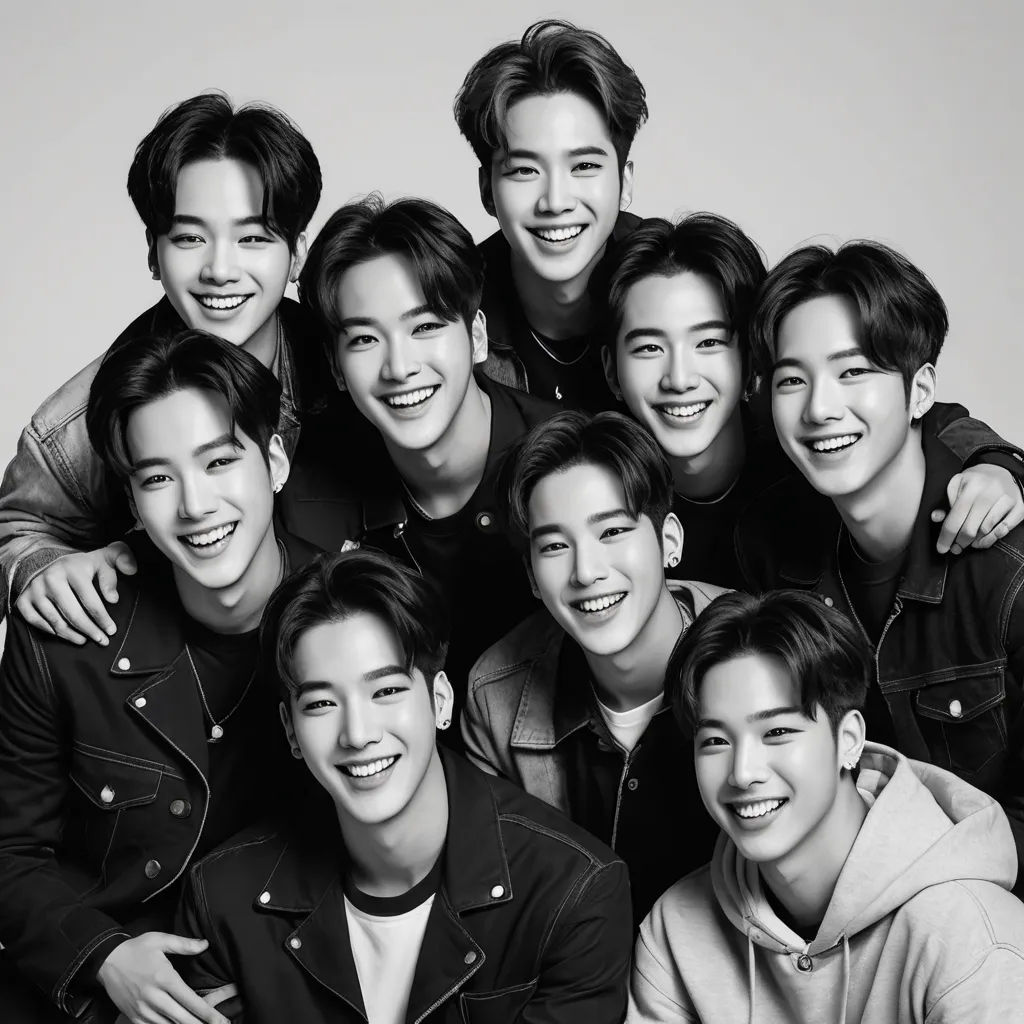 a group of asian men posing for a picture together in black and white photo with a white background and a black and white background, rayonism, a photocopy, An Gyeon, golden ratio