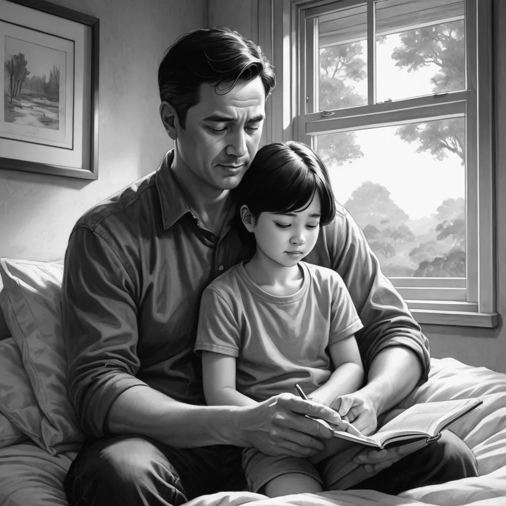 a man and a little girl sitting on a bed reading a book together, in a black and white photo, american realism, a storybook illustration, Brad Kunkle, ultra realistic illustration